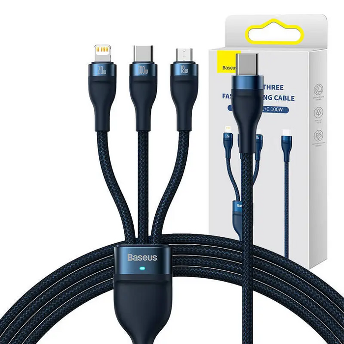 3in1 USB cable Baseus Flash Series 2 USB-C + micro USB + Lightning 100W 1.5m (blue) - Combo Cables<<<USB cables<<<GSM