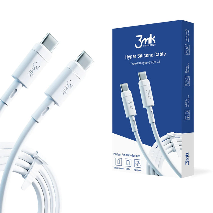 3MK HyperSilicone Cable USB-C / USB-C white cable 1m 60W 3A - Cell phone tempered glass<<<HurtelXML