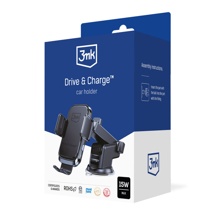 3mk Drive &amp; Charge car phone holder for grille/window/cockpit with inductive charger - black