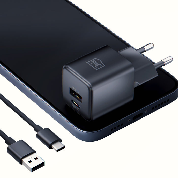 3mk Hyper GaN Charger 20W QC4+ PD PPS USB-C USB-A Wall Charger - Black