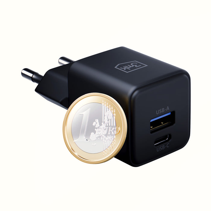 3mk Hyper GaN Charger 20W QC4+ PD PPS USB-C USB-A Wall Charger - Black