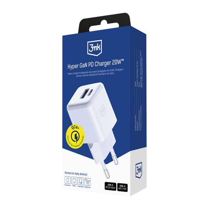 3mk Hyper GaN Charger 20W QC4+ PD PPS USB-C USB-A Wall Charger - White