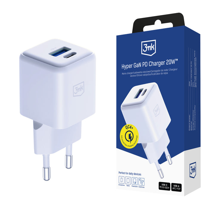 3mk Hyper GaN Charger 20W QC4+ PD PPS USB-C USB-A Wall Charger - White