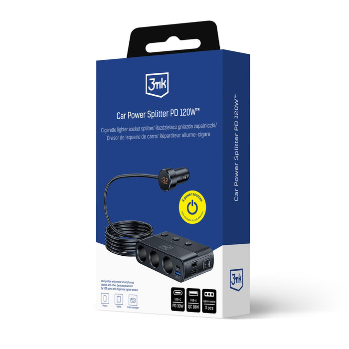 3mk Car Power Splitter PD 120W™ QC PPS UCB-C USB-A Car Charger for 7 Devices - Black