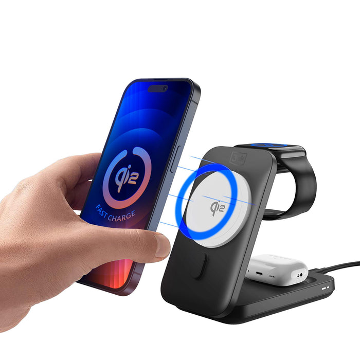 3mk MagRocket 3-in-1 15W Qi2 MPP MagSafe Wireless Charger - Black