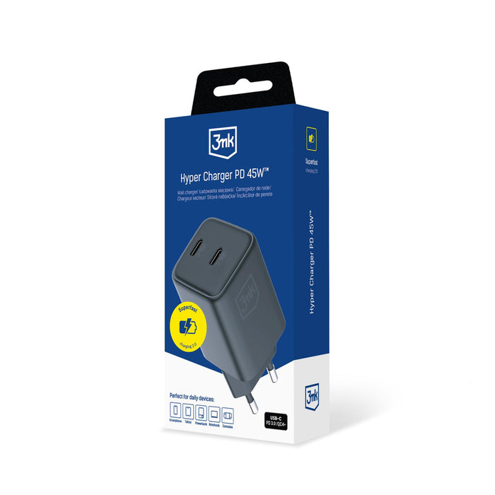 3mk Hyper Charger PD 45W QC4+ PPS 2C Super-Fast Charge 2.0 Wall Charger - Black