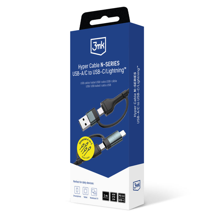 3mk Hyper Cable N-SERIES 2 in 2 USB-A / USB-C and USB-C / Lightning 1.2m QC 3.0 9V/2A 60W - black