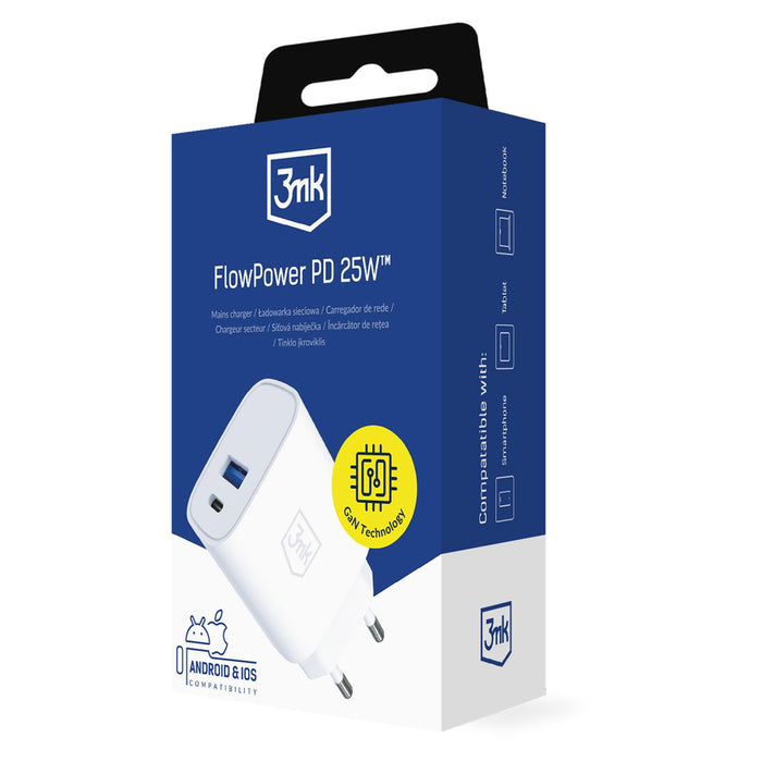 3mk FlowPower 25W 1A1C PD QC4+ Wall Charger - White