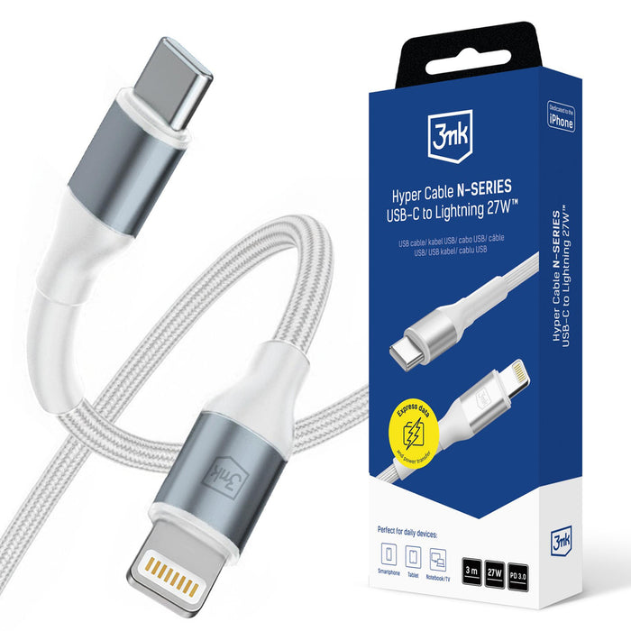 3mk Hyper Cable N-SERIES USB-C / Lightning 3m PD 3.0 9V/3A 27W - white