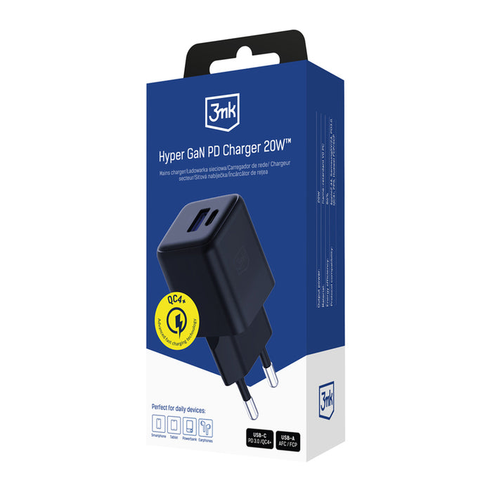 3mk Hyper GaN Charger 20W QC4+ PD PPS USB-C USB-A Wall Charger - Black