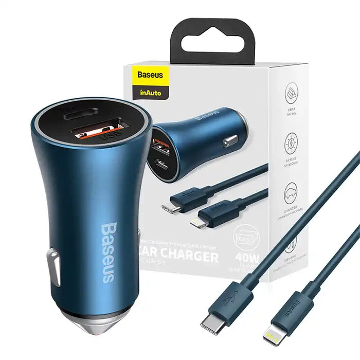 Baseus Golden Contactor Pro car charger, USB + USB-C, QC4.0+, PD, SCP, 40W (blue) + USB-C - Lightning cable 1m (blue)