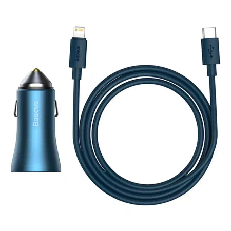 Baseus Golden Contactor Pro car charger, USB + USB-C, QC4.0+, PD, SCP, 40W (blue) + USB-C - Lightning cable 1m (blue)