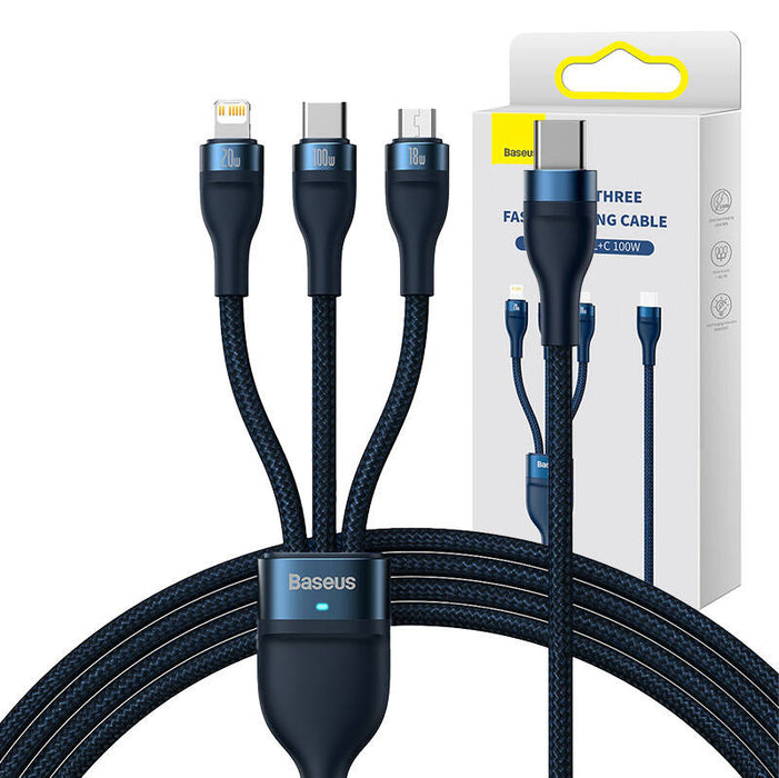 3in1 USB cable Baseus Flash Series 2, USB-C + micro USB + Lightning, 100W, 1.5m (blue)