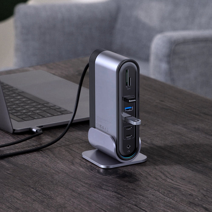 Baseus multifunctional HUB 3x USB 3.2 Gen 1 / 2x USB 2.0 / 2x USB Type C / SD and micro SD card reader / AUX / 3x HDMI / RJ45 1Gbps Power Delivery 100W (EU / CN / UK plugs) gray (CAHUB-DG0G)