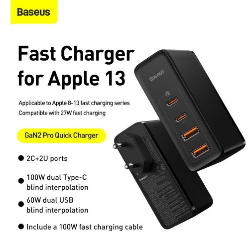 Travel Charger Baseus GaN2 Pro Quick  2x USB + 2x USB-C, 100W, EU (Black)