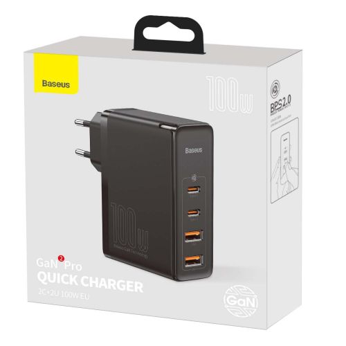 Travel Charger Baseus GaN2 Pro Quick  2x USB + 2x USB-C, 100W, EU (Black)