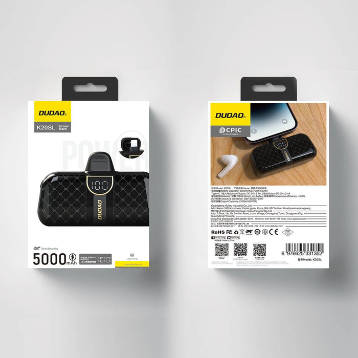 Dudao K20SL 5000mAh mini power bank with Lightning / USB-C connectors - black
