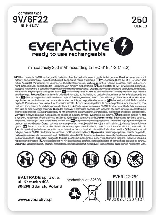 Rechargeable batteries everActive Ni-MH 6F22 9V 250 mAh Silver Line