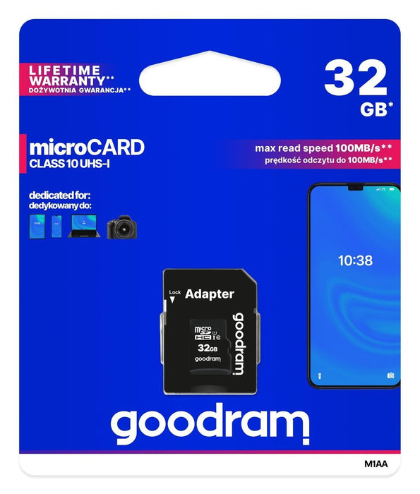 Goodram Microcard 32 GB micro SD HC UHS-I class 10 memory card, SD adapter (M1AA-0320R12)