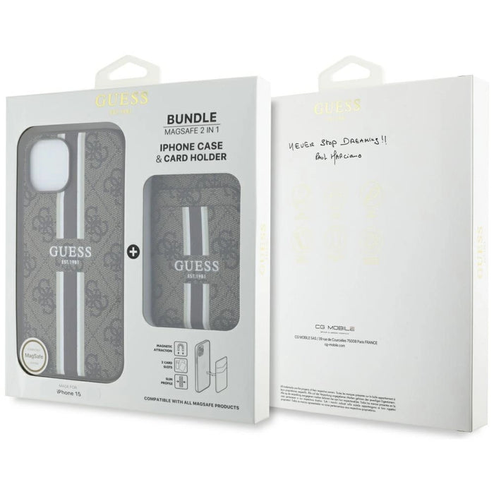 Guess 4G Stripes case with Magsafe wallet for iPhone 15 brown