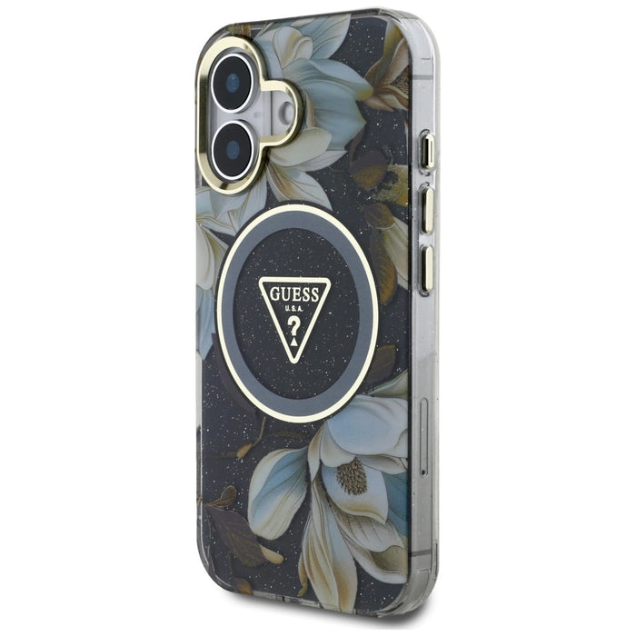 Guess Glitter Flowers Triangle Buttons MagSafe case for iPhone 16 black