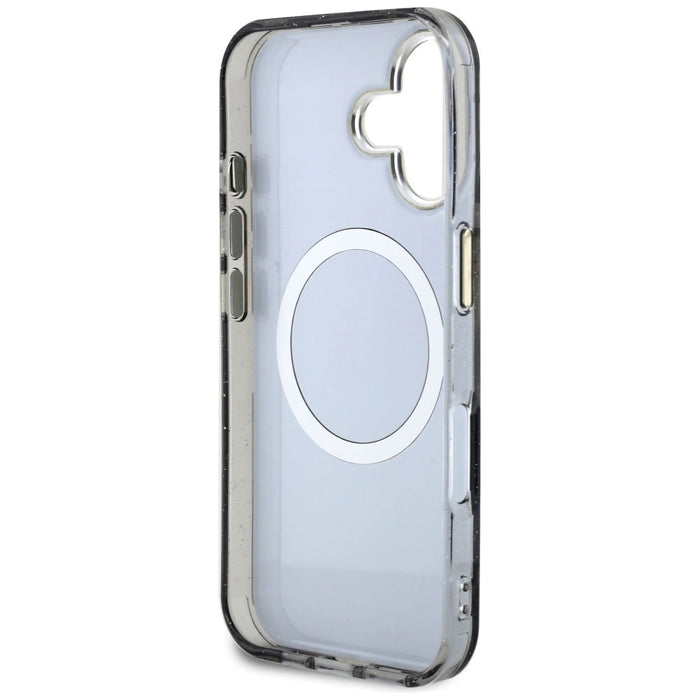 Guess Glitter Flowers Triangle Buttons MagSafe case for iPhone 16 black