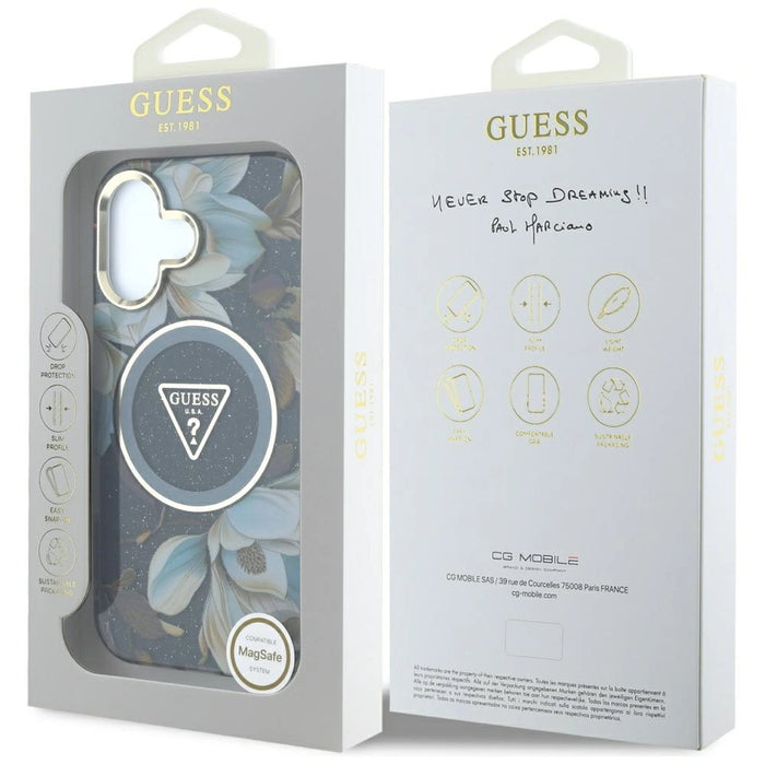 Guess Glitter Flowers Triangle Buttons MagSafe case for iPhone 16 black