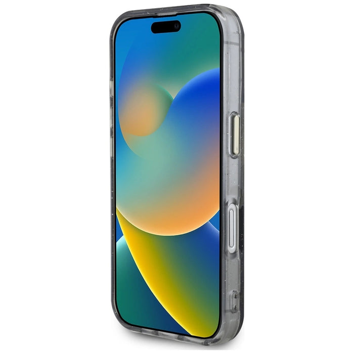 Guess Glitter Flowers Triangle Buttons MagSafe case for iPhone 16 black