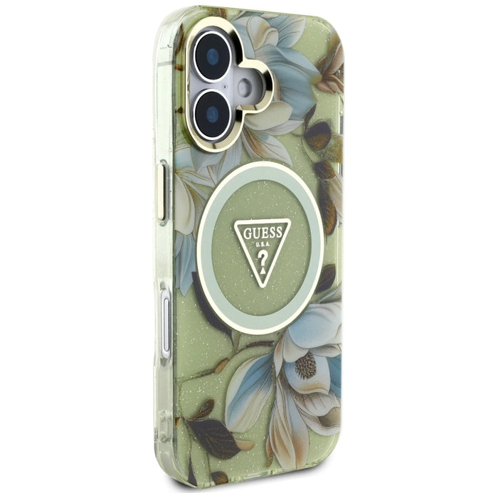 Guess Glitter Flowers Triangle Buttons MagSafe case for iPhone 16 green