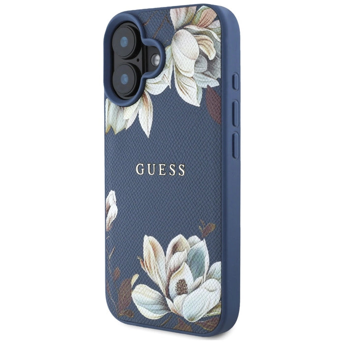 Guess Grained Printed Flower Pattern MagSafe case for iPhone 16 blue
