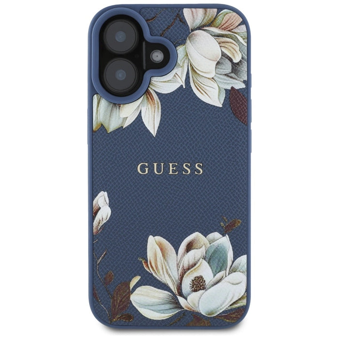 Guess Grained Printed Flower Pattern MagSafe case for iPhone 16 blue