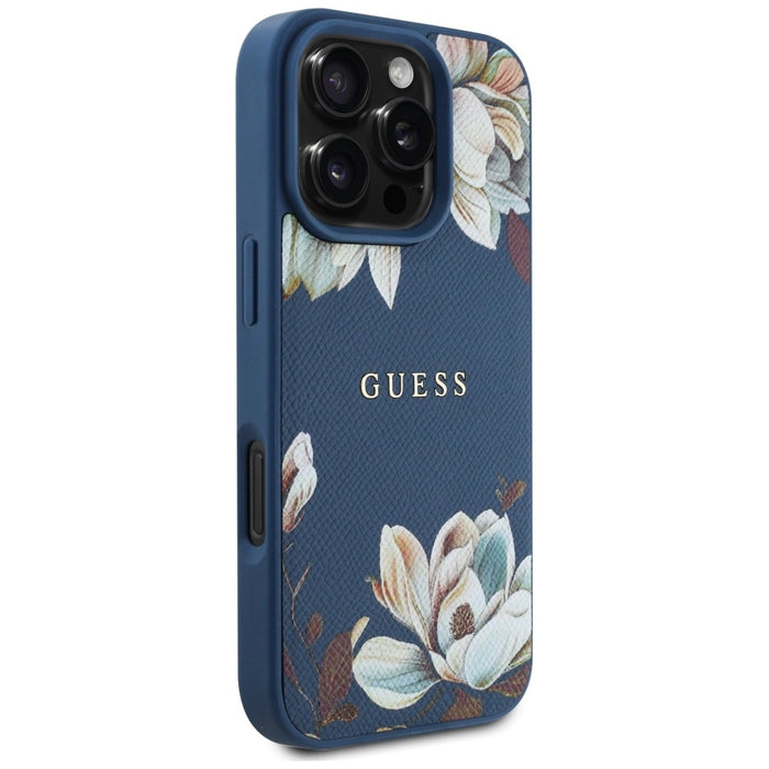 Guess Grained Printed Flower Pattern MagSafe case for iPhone 16 Pro Max blue