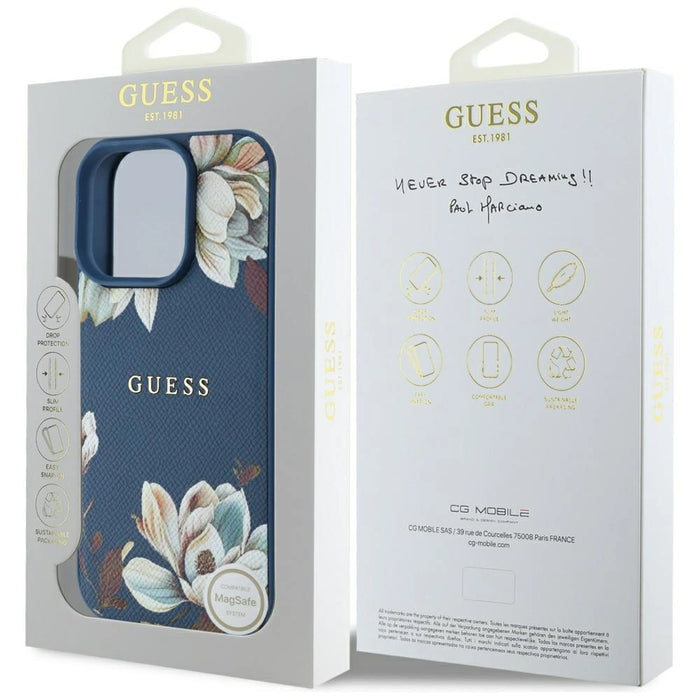 Guess Grained Printed Flower Pattern MagSafe case for iPhone 16 Pro Max blue