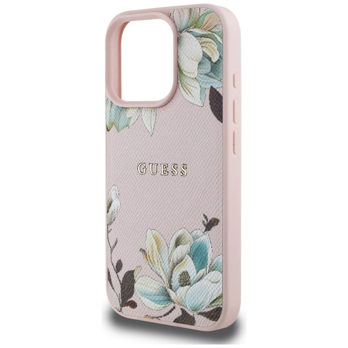 Guess Grained Printed Flower Pattern MagSafe Case for iPhone 16 Pro Pink