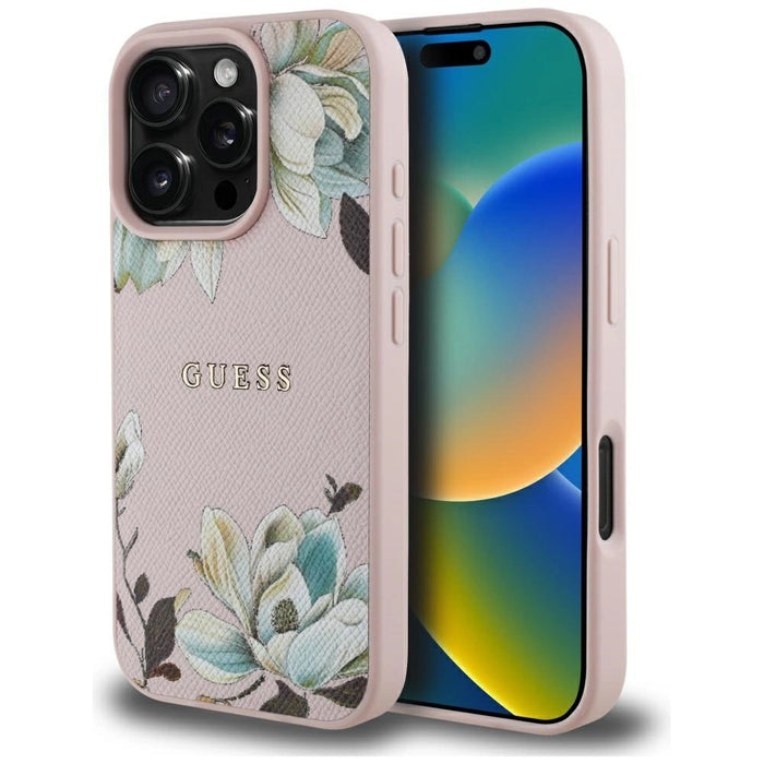 Guess Grained Printed Flower Pattern MagSafe Case for iPhone 16 Pro Pink