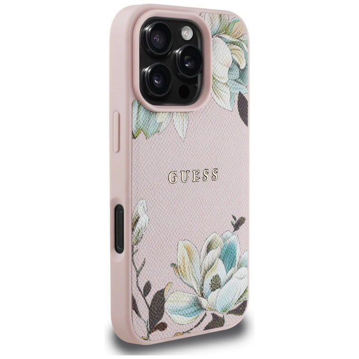 Guess Grained Printed Flower Pattern MagSafe Case for iPhone 16 Pro Pink