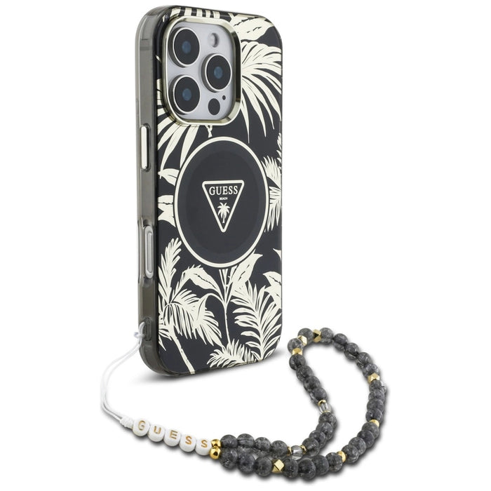 Guess Palm Trees Triangle Pearl Strap MagSafe case for iPhone 16 Pro black