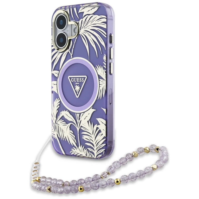 Guess Palm Trees Triangle Pearl Strap MagSafe case for iPhone 16 purple