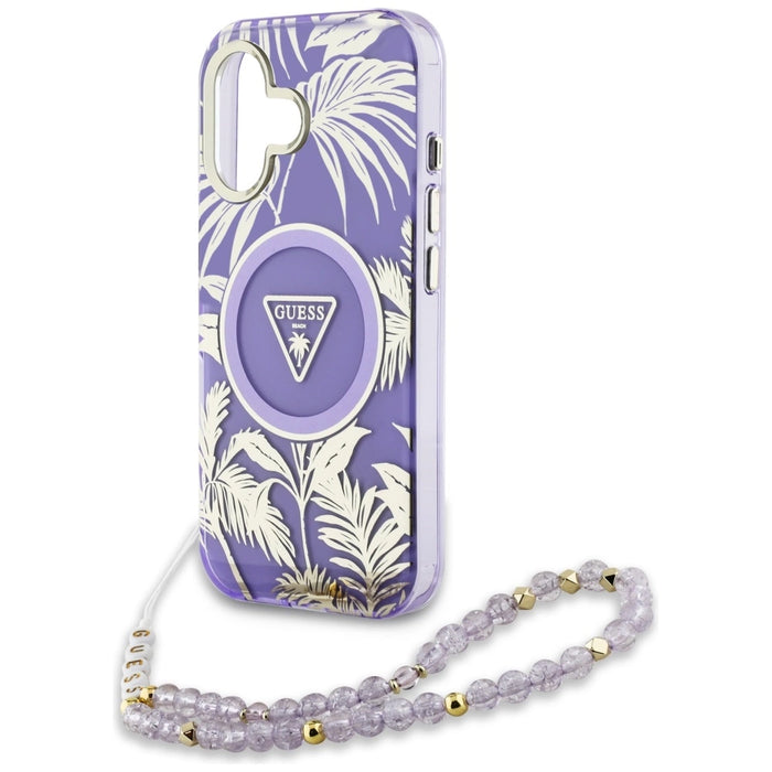 Guess Palm Trees Triangle Pearl Strap MagSafe case for iPhone 16 purple