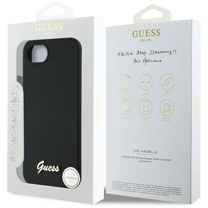 Guess Silicone Script Metal Logo MagSafe iPhone 16e Case - Black