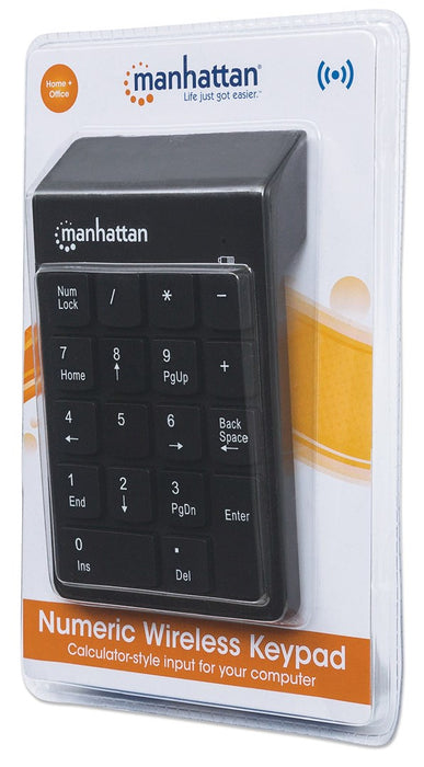 Manhattan Numeric Keypad, Wireless (2.4GHz), USB-A Micro Receiver, 18 Full Size Keys, Black, Membrane Key Switches, Auto Power Management, Range 10m, AAA Battery (included), Windows and Mac, Three Year Warranty