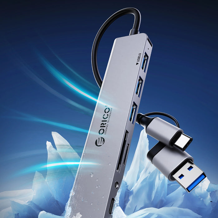 Orico YSA7-U3 USB-A/USB-C Hub Docking Station 4x USB-A 2.0 + 1x USB-A 3.0 + 2x USB-C 2.0 - Gray