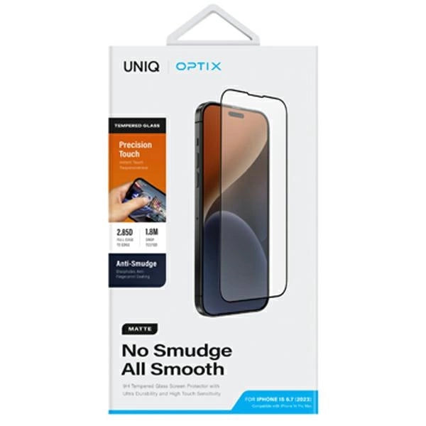 Uniq Optix Matte frosted tempered glass for iPhone 15 Plus / 14 Pro Max with applicator