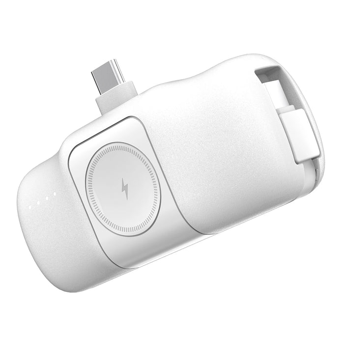 Wozinsky WF16-YCS 5000mAh 15W USB-C Mini Power Bank with Built-in USB-C Cable and Apple Watch Charger - White