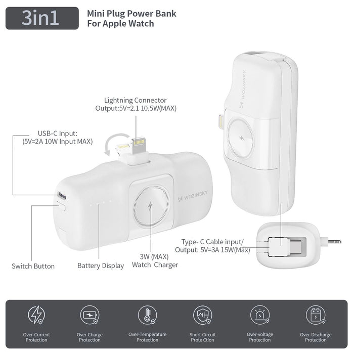 Wozinsky WF16-YLS 5000mAh 15W Lightning Mini Power Bank with Built-in USB-C Cable and Apple Watch Charger - White