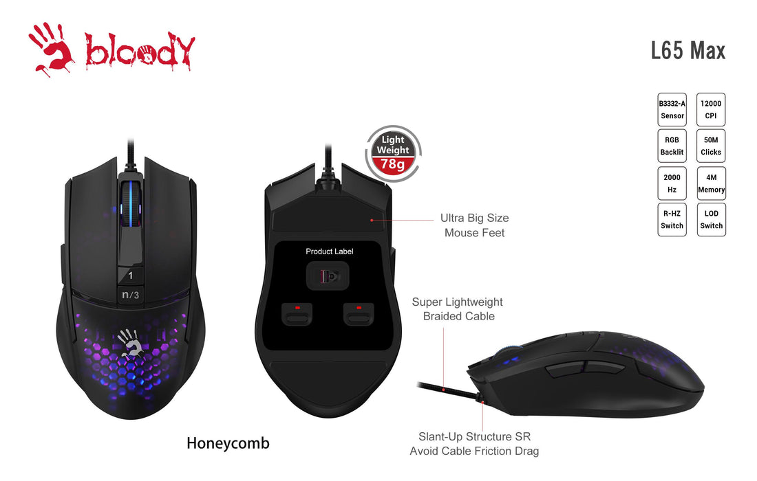 Gaming mouse A4tech bloody L65 Max, Wired, 12000 cpi, Black