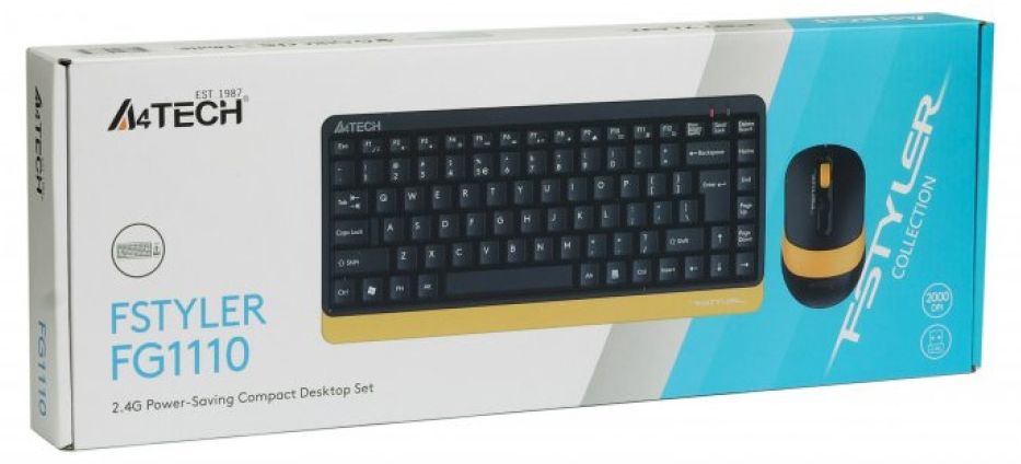 A4TECH Fstyler FG1110 Keyboard and Mouse Set, Wireless, Black/Yellow
