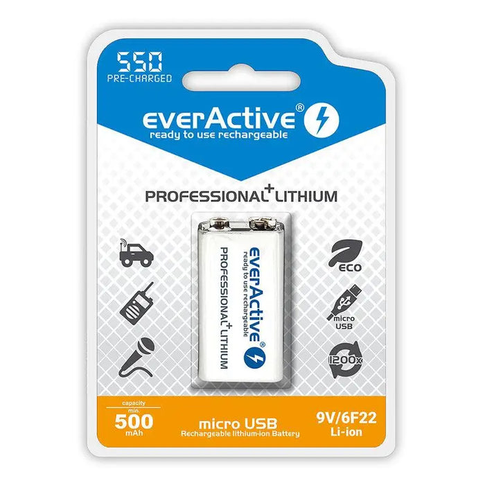 Accumulator Battery R22 9V LiIon 500mAh/550 precharged +Usb-C 1pc. in EVERACTIVE packaging - Батерии<<<Батерии и