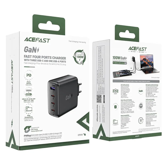 Acefast A94 Charger Network GaN2 USB-A / 3x USB-C PD 100W - Black - Cell phone USB charger<<<HurtelXML