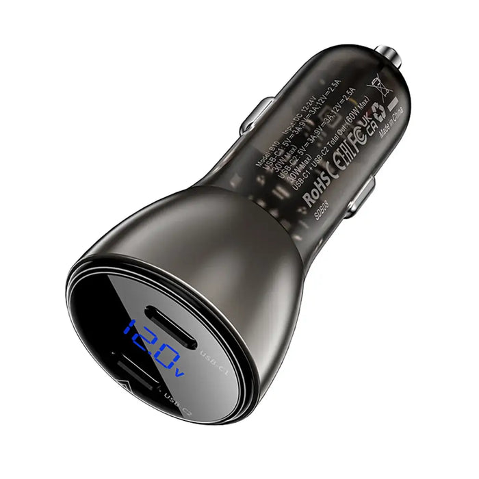 Acefast B10 60W Car Charger (2x USB-C) with Display and Metal Housing - Black - Cell phone USB charger<<<HurtelXML